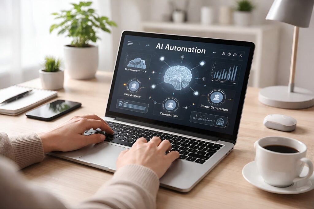 artificial intelligence, automation, machine learning, laptop, workspace, modern design, remote work, desk, productivity, digital workflow, neutral tones, natural lighting, professional, home office, coffee cup, plant, nature, creative workspace, teamwork, office plant